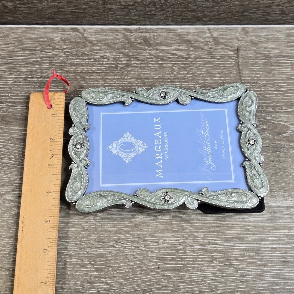 Margeaux Jewelled Picture Frame 4x6 Sage Green Enamel Ornate Baroque Rhinestone